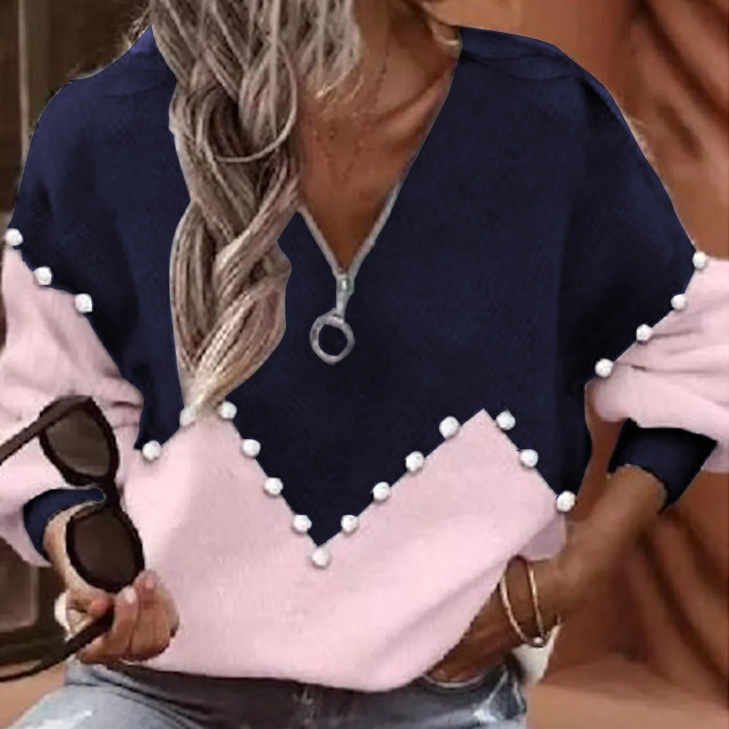 Zipper Stick Ball Knitted Foreign Trade Sweater Women Blouse - ladieskits - sweatshirt vs sweater