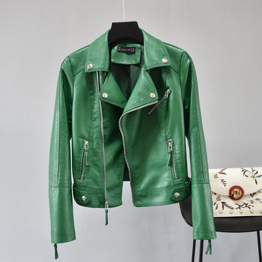 Rivet Suit Collar Waist Short Leather Jacket Women - ladieskits - 0
