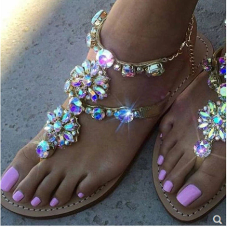 Colorful Rhinestone Chain Flat Flip Flops Sandals