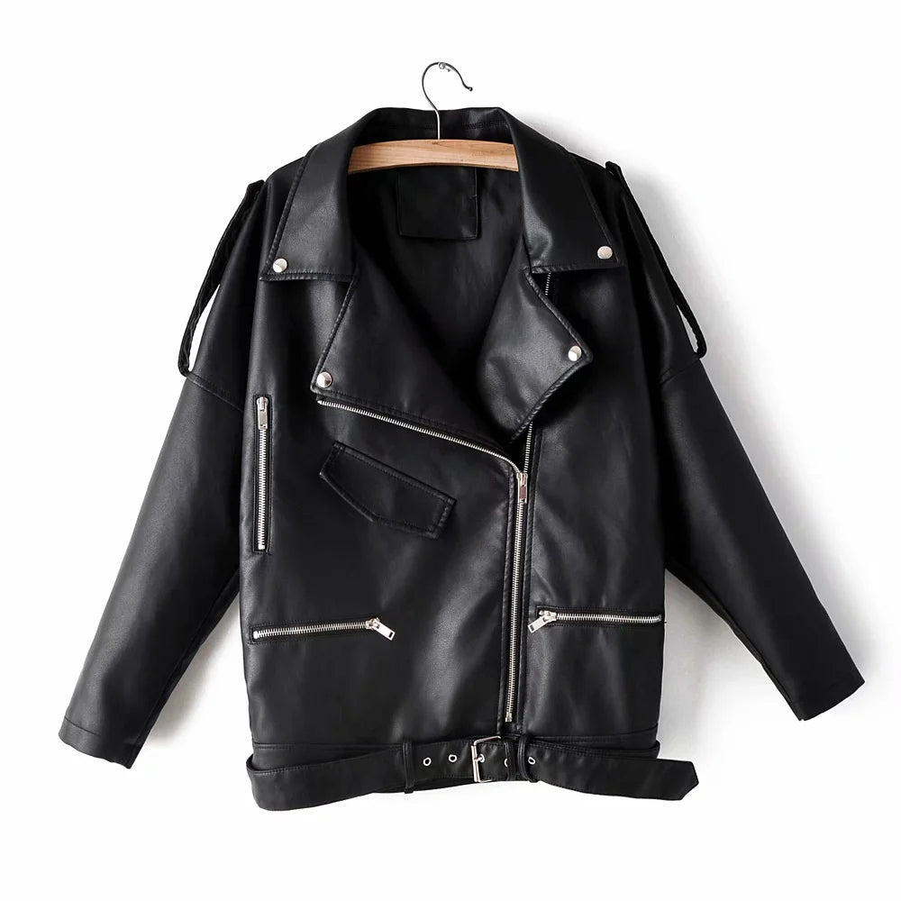 Chain Loose Female PU Leather Jacket Ladies Jacket - ladieskits - 0