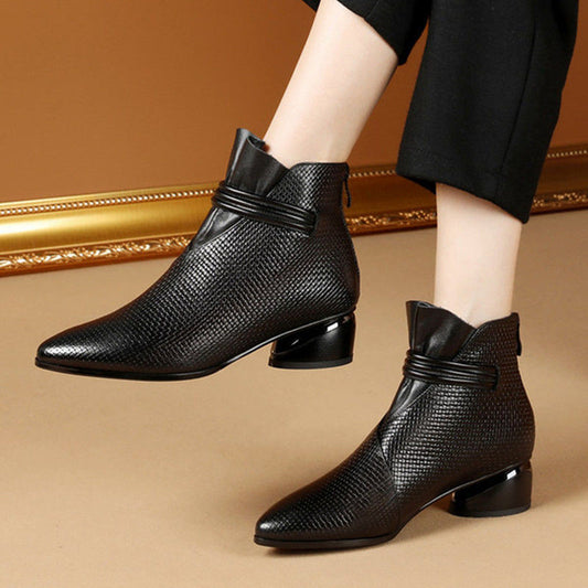 New Thick Heel Round Toe Soft Leather Plus Size Fashion Short Boots Women - ladieskits - 0
